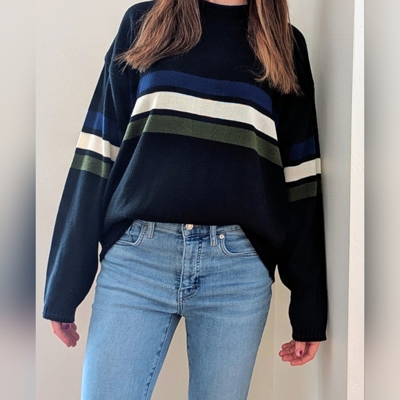 American Vintage Sweaters - Vintage 90's Skater Striped Oversized Crewneck Sweater In Black/Navy/Green/White